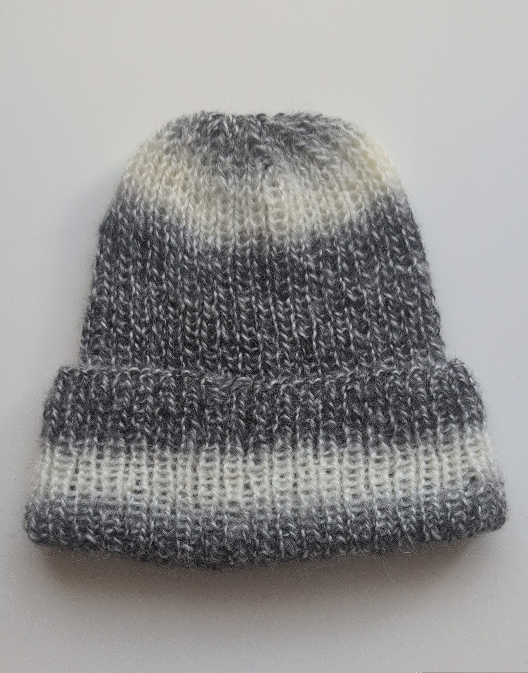 Grey and cream stripey ribbed beanie