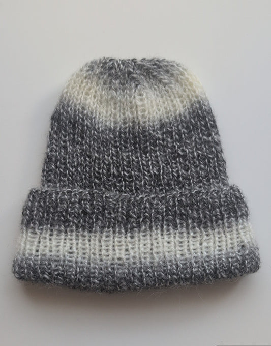 Grey and cream stripey ribbed beanie